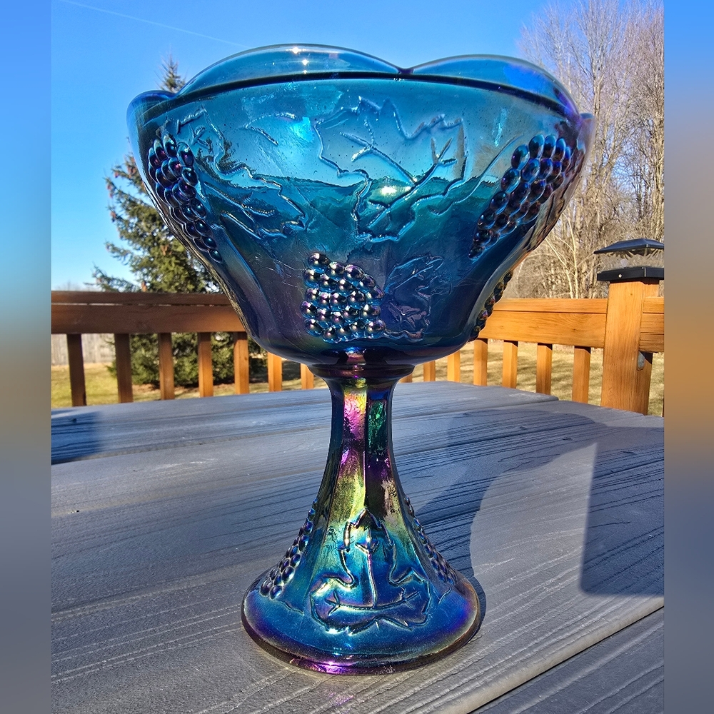 Indiana Glass Compote & Pedestal Iridescent Blue Glass Art Bowl